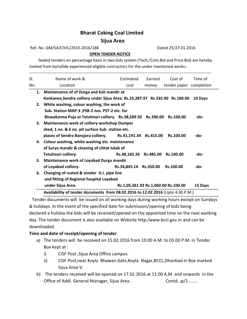 Bharat Coking Coal Limited Sijua Area Ref