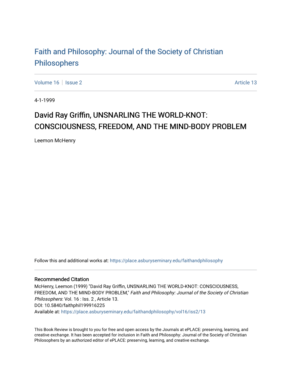 David Ray Griffin, UNSNARLING the WORLD-KNOT: CONSCIOUSNESS, FREEDOM, and the MIND-BODY PROBLEM