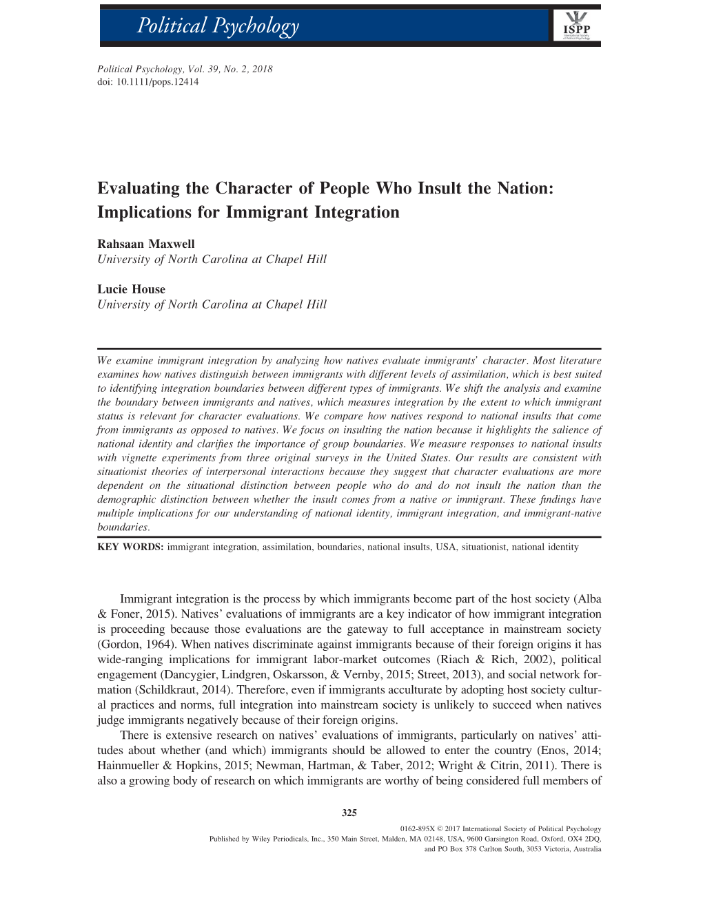 Evaluating the Character of People Who Insult the Nation: Implications for Immigrant Integration