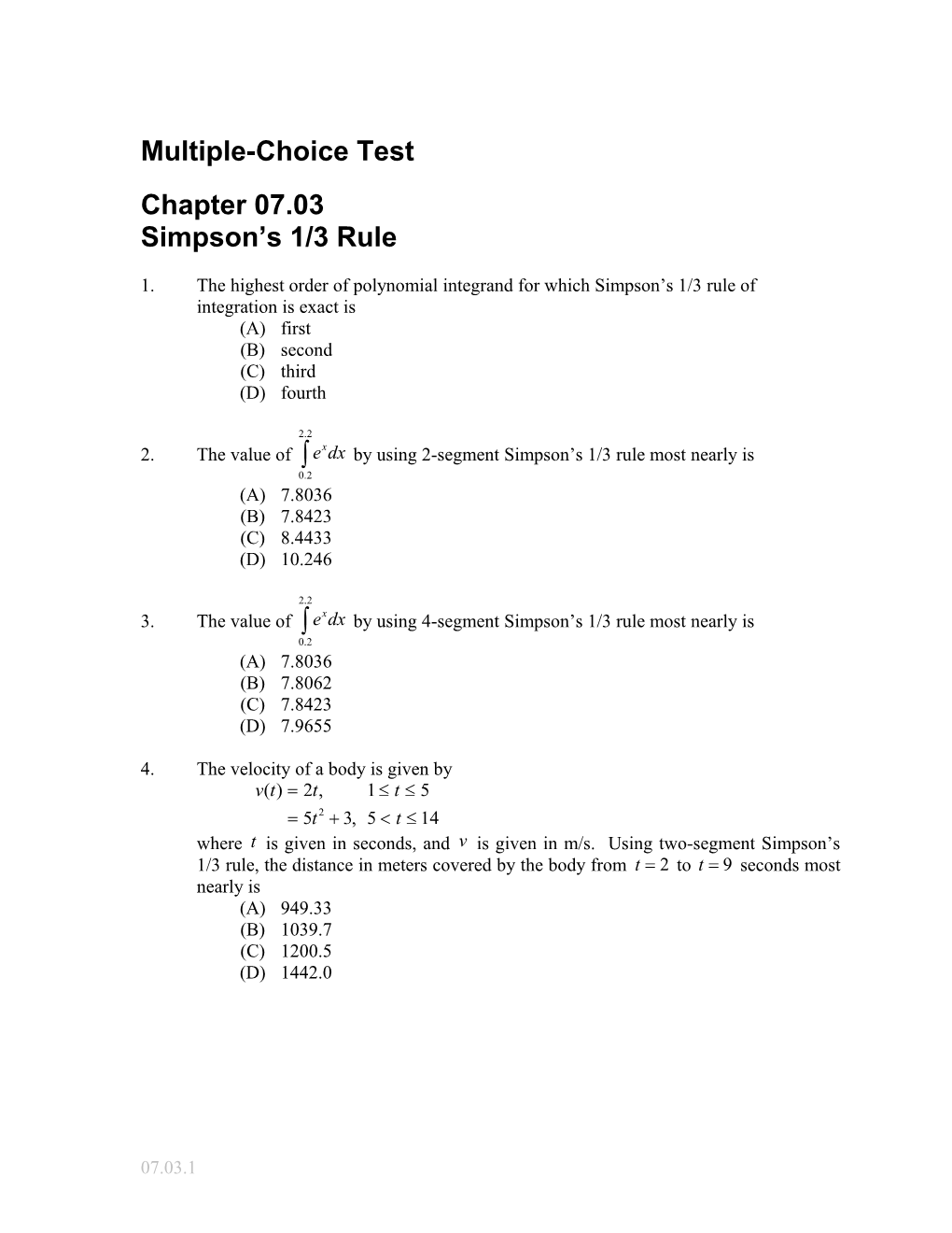 Multiple Choice Test on Simpsons 1/3 Rule of Integration