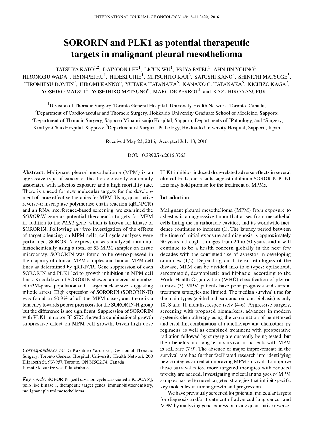 SORORIN and PLK1 As Potential Therapeutic Targets in Malignant Pleural Mesothelioma