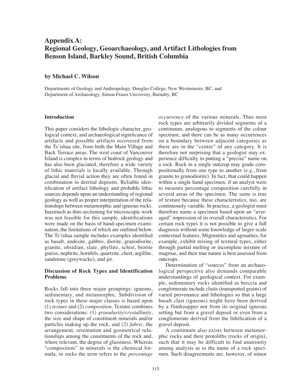 Regional Geology, Geoarchaeology, and Artifact Lithologies from Benson Island, Barkley Sound, British Columbia by Michael C