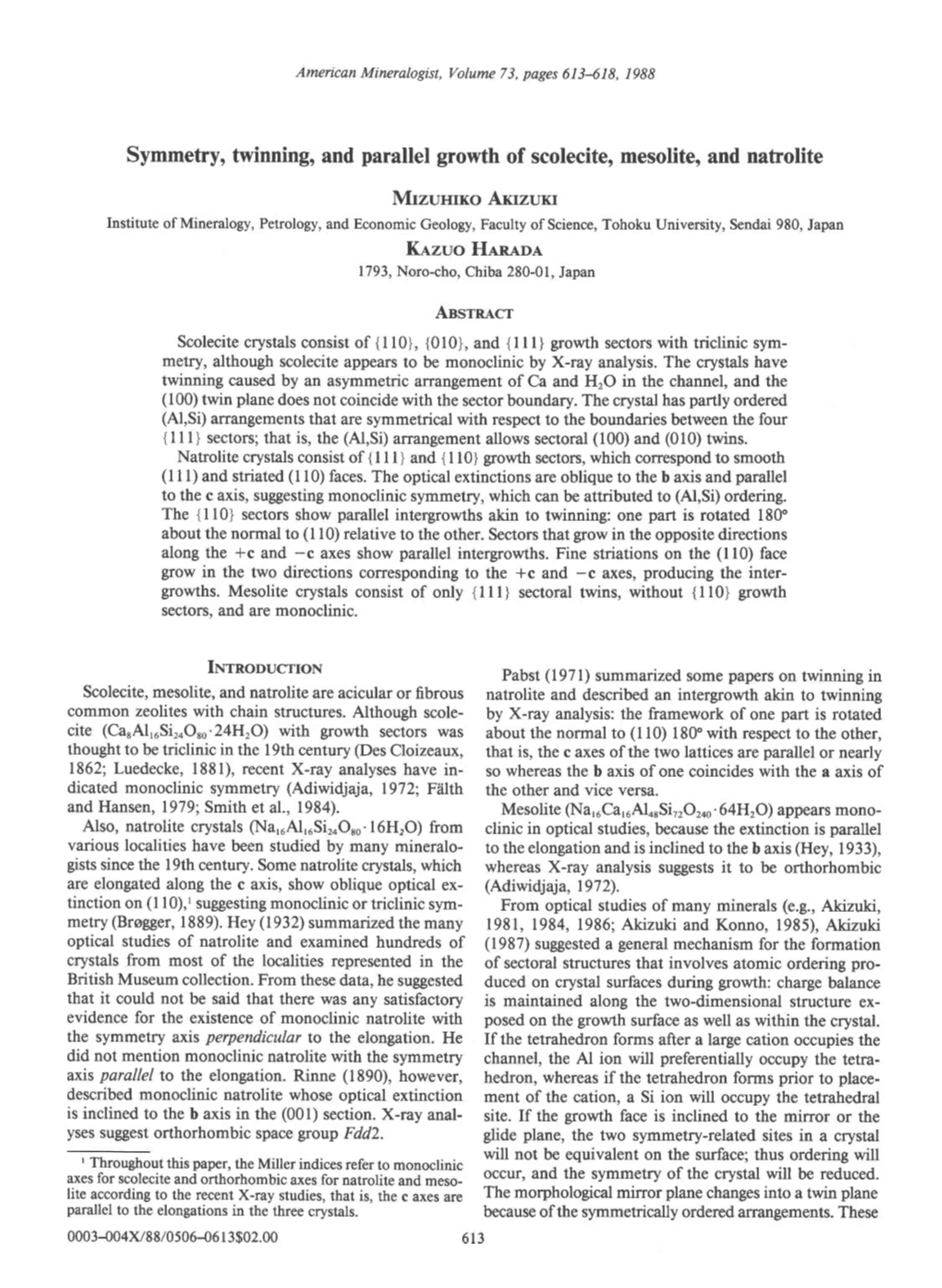 Symmetry, Twinning, and Parallel Growth of Scolecite, Mesolite, And