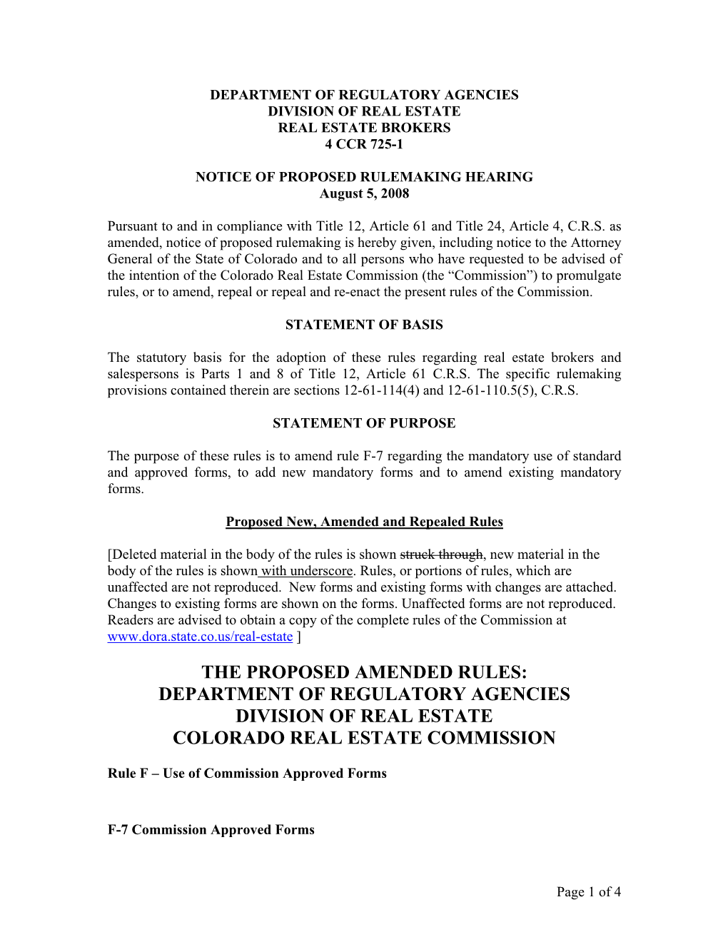 Colorado Real Estate Comm Notice of Rule Making