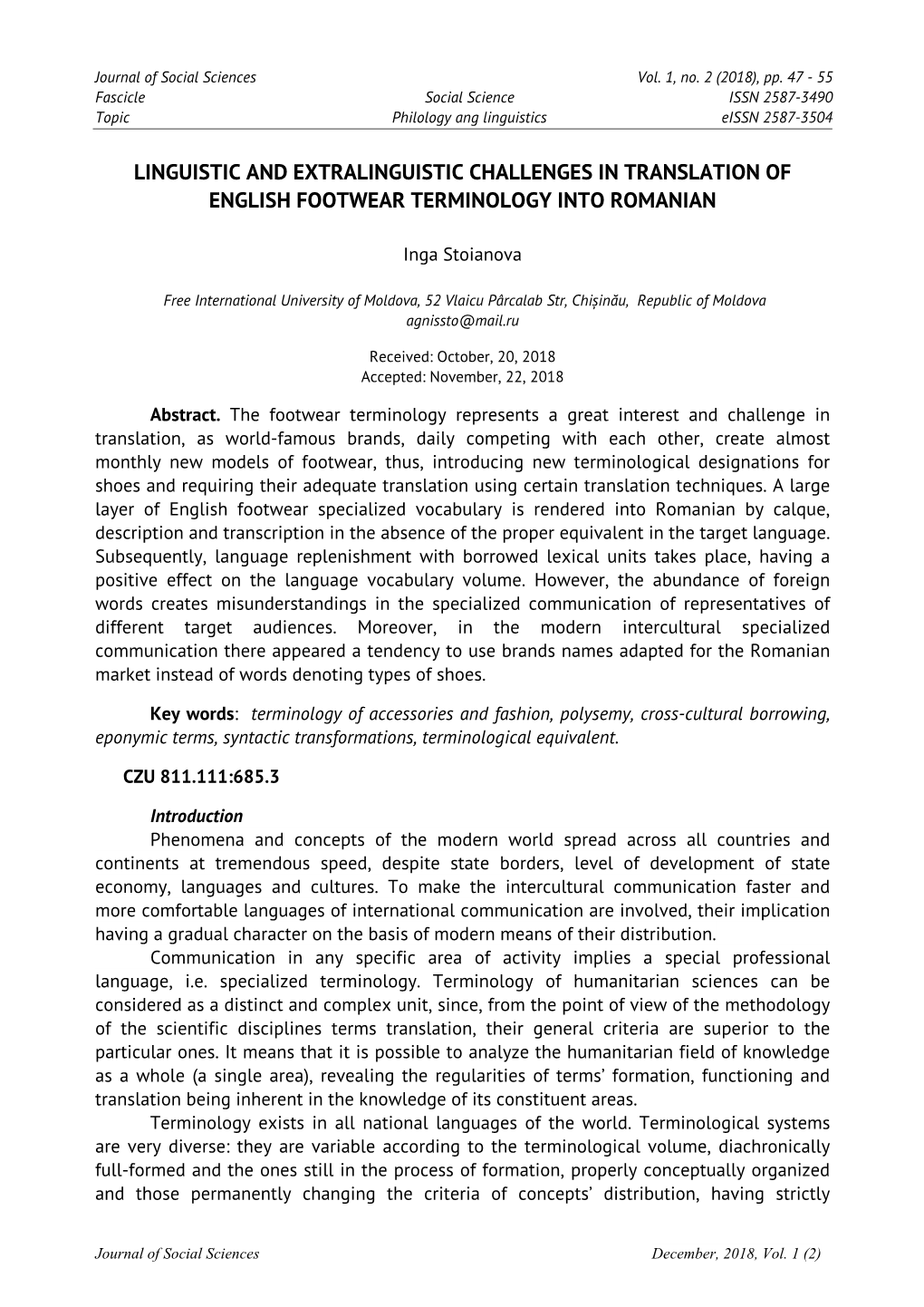 Linguistic and Extralinguistic Challenges in Translation of English Footwear Terminology Into Romanian