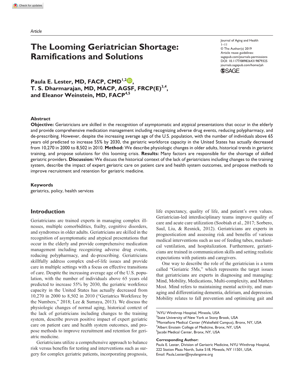 The Looming Geriatrician Shortage: Ramifications and Solutions