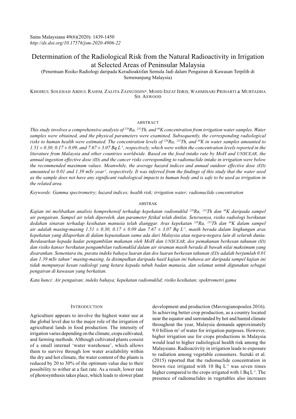 Determination of the Radiological Risk from the Natural Radioactivity In