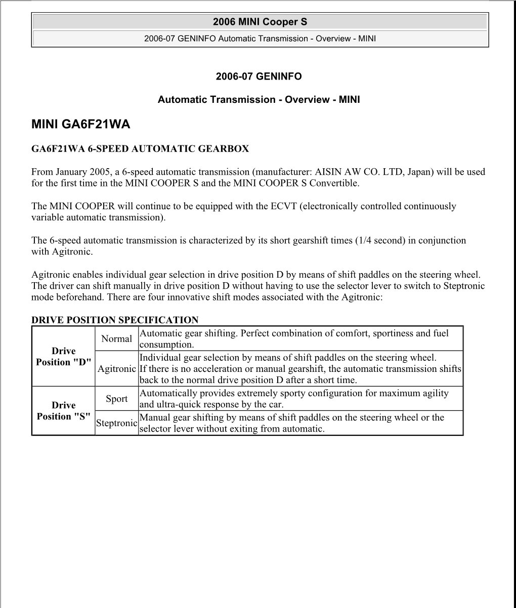2006 MINI Cooper S 2006-07 GENINFO Automatic Transmission - Overview - MINI