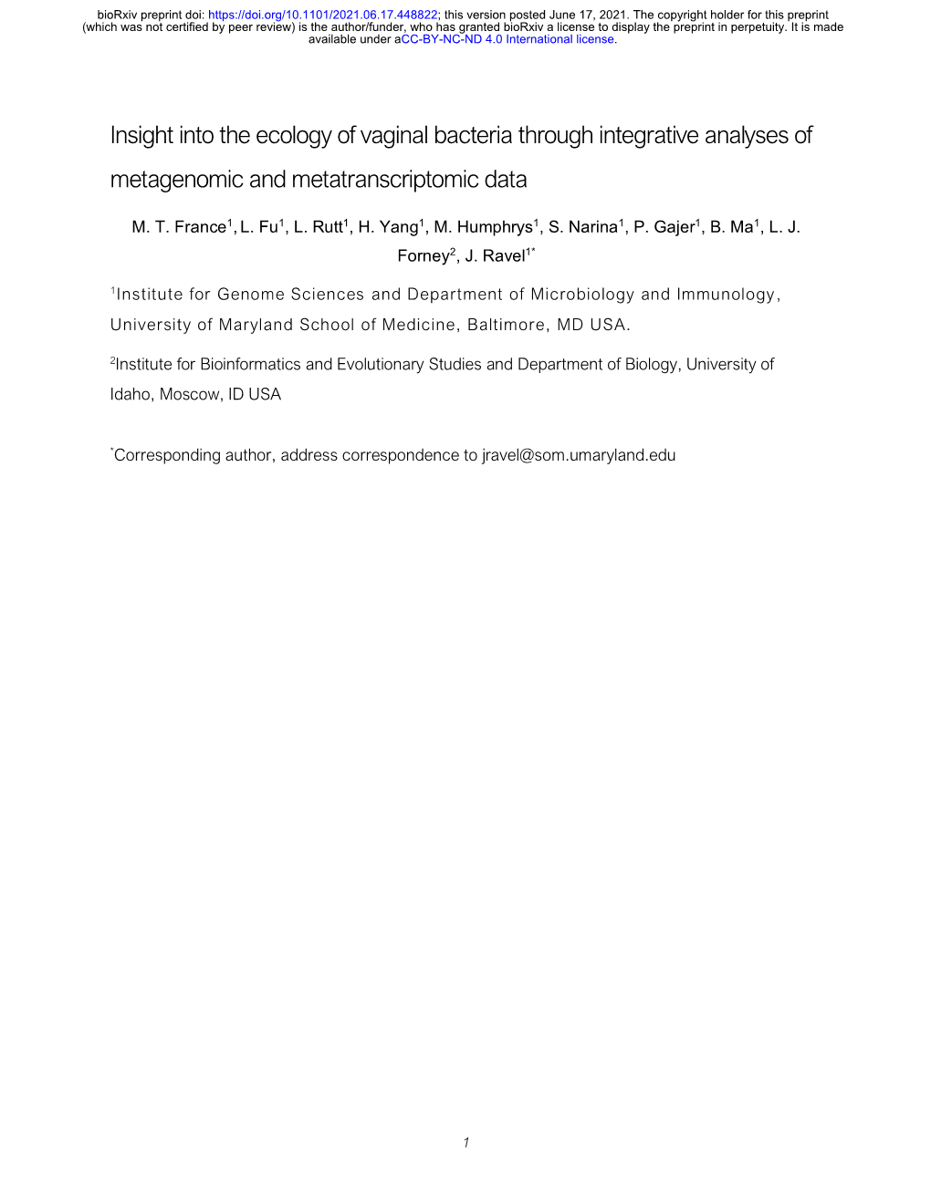 Insight Into the Ecology of Vaginal Bacteria Through Integrative Analyses of Metagenomic and Metatranscriptomic Data