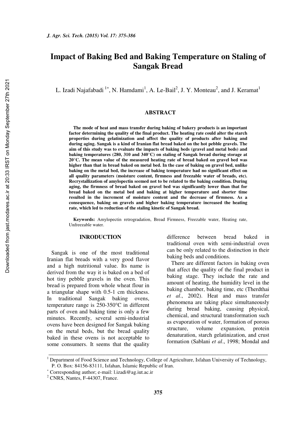 Impact of Baking Bed and Baking Temperature on Staling of Sangak Bread