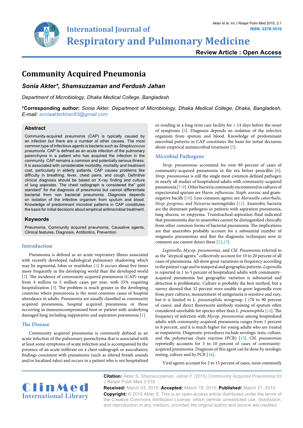 Community Acquired Pneumonia Sonia Akter*, Shamsuzzaman and Ferdush Jahan