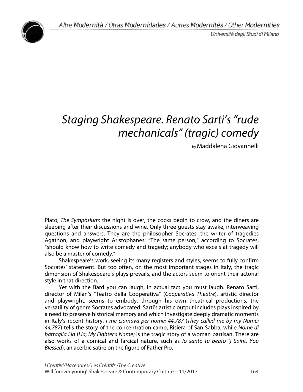 Staging Shakespeare. Renato Sarti's