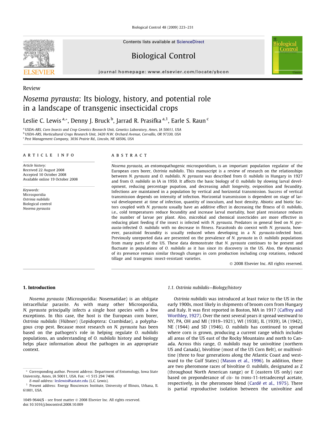 Nosema Pyrausta: Its Biology, History, and Potential Role in a Landscape of Transgenic Insecticidal Crops