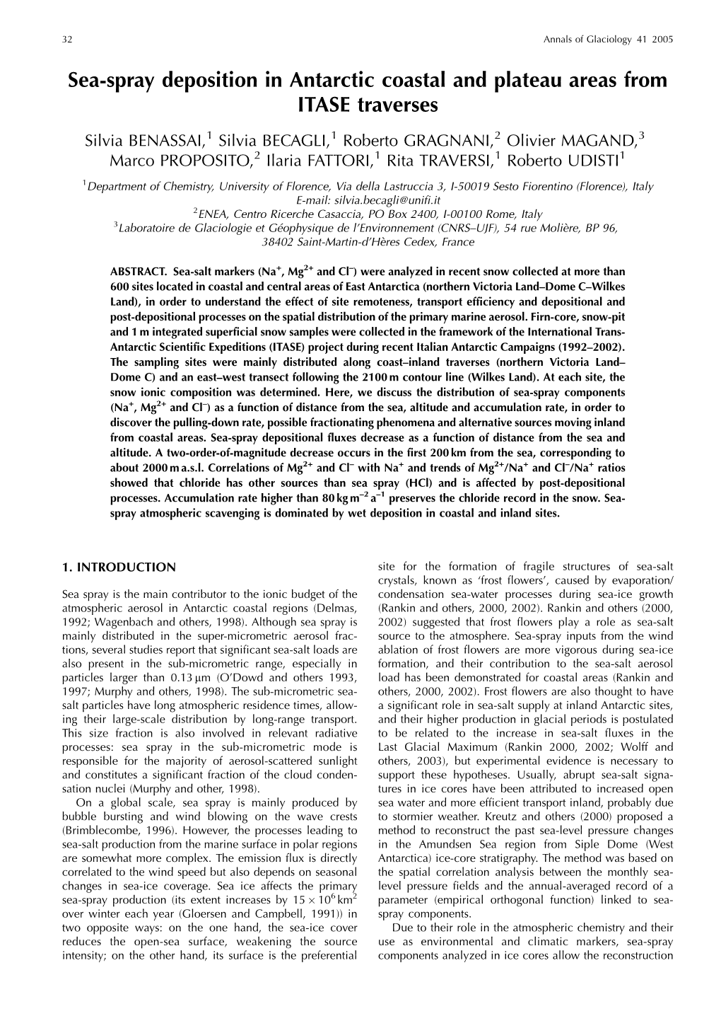 Sea-Spray Deposition in Antarctic Coastal and Plateau Areas from ITASE Traverses