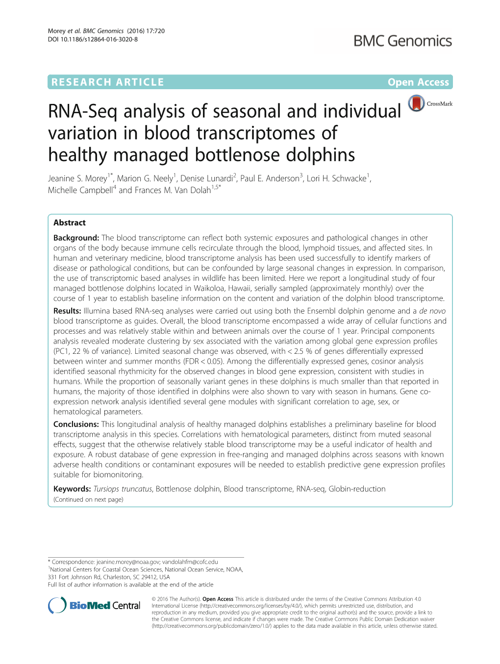 RNA-Seq Analysis of Seasonal and Individual Variation in Blood Transcriptomes of Healthy Managed Bottlenose Dolphins Jeanine S