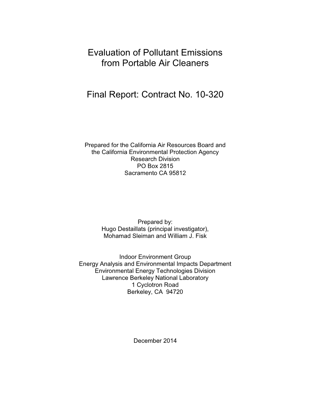 Evaluation of Pollutant Emissions from Portable Air Cleaners Final Report