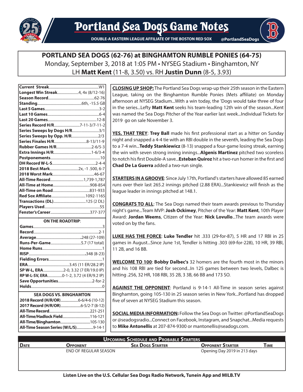 PORTLAND SEA DOGS (62-76) at BINGHAMTON RUMBLE PONIES (64-75) Monday, September 3, 2018 at 1:05 PM • NYSEG Stadium • Binghamton, NY LH Matt Kent (11-8, 3.50) Vs