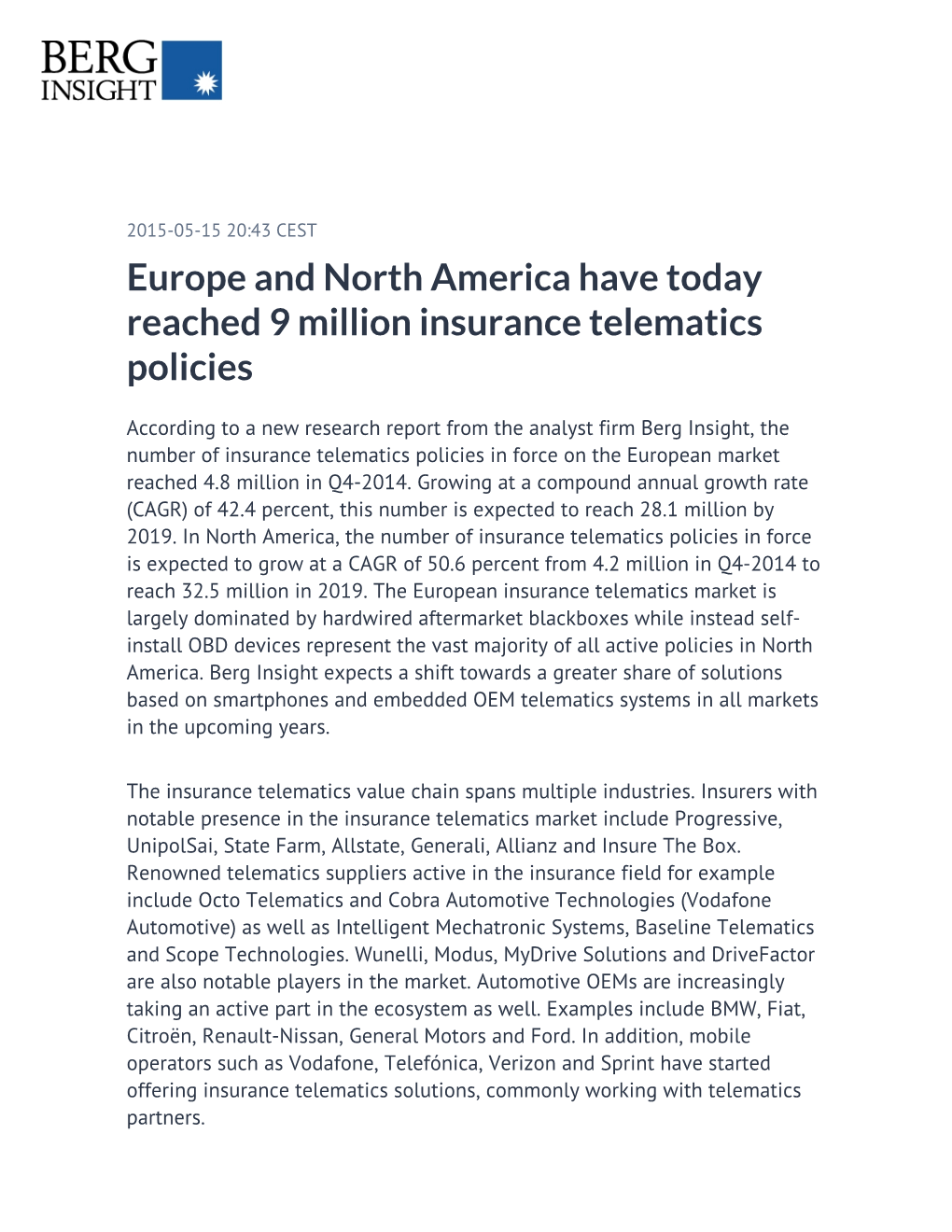 Europe and North America Have Today Reached 9 Million Insurance Telematics Policies