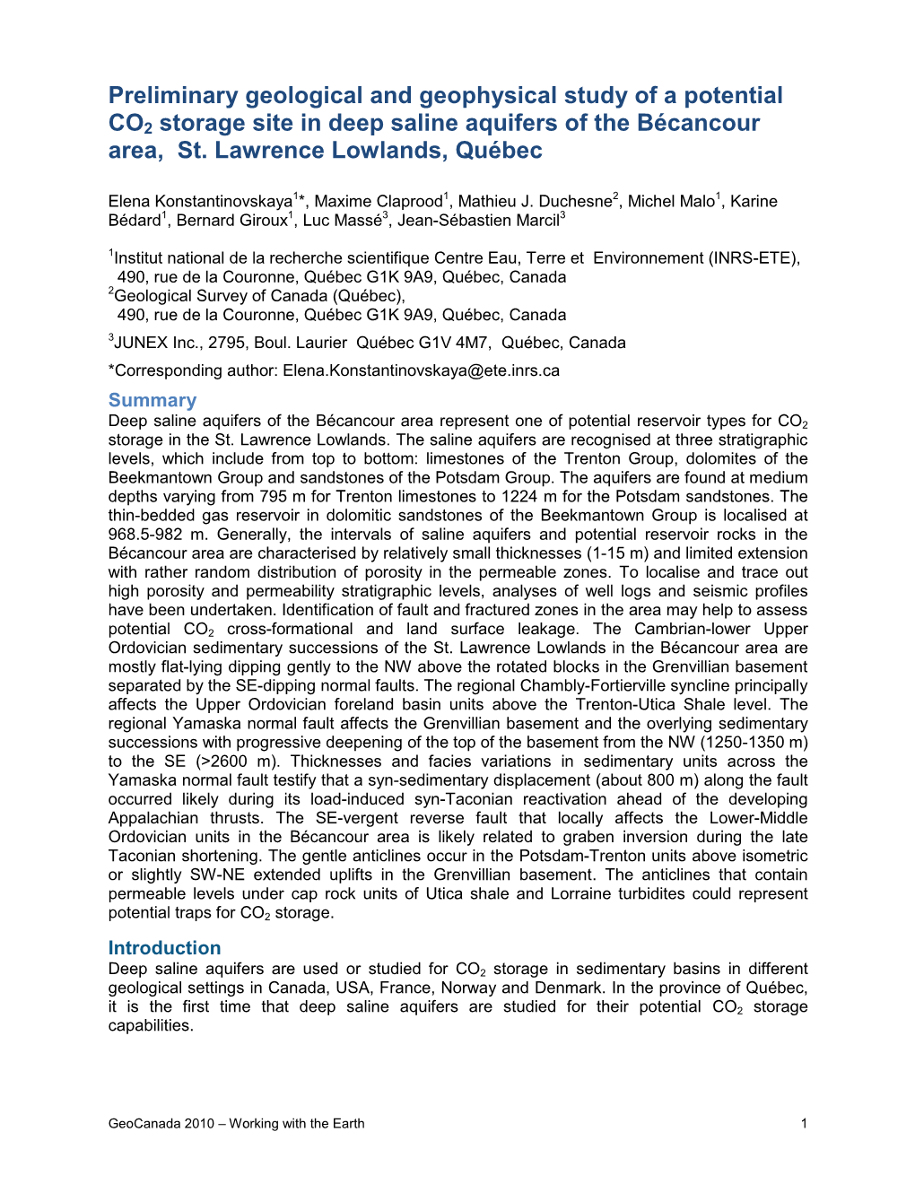 Preliminary Geological and Geophysical Study of a Potential CO2 Storage Site in Deep Saline Aquifers of the Bécancour Area, St