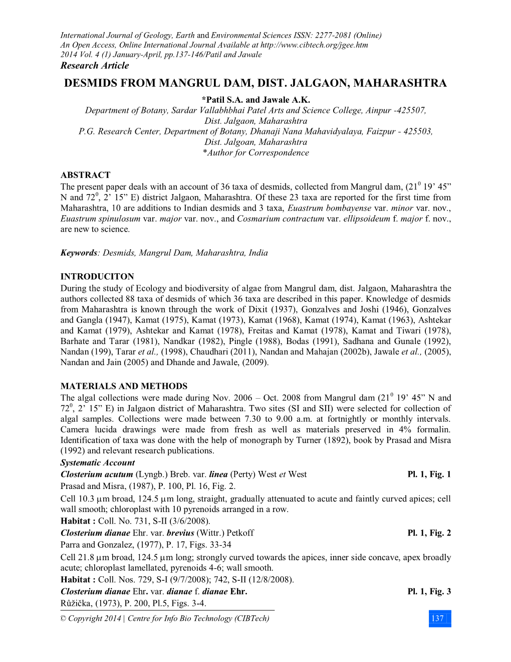 DESMIDS from MANGRUL DAM, DIST. JALGAON, MAHARASHTRA *Patil S.A