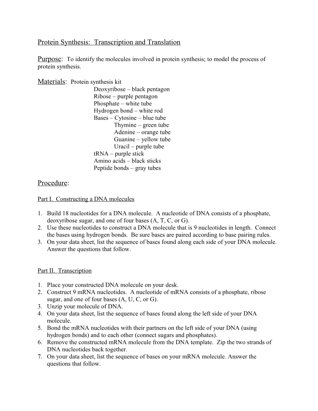 Protein Synthesis: Transcription and Translation