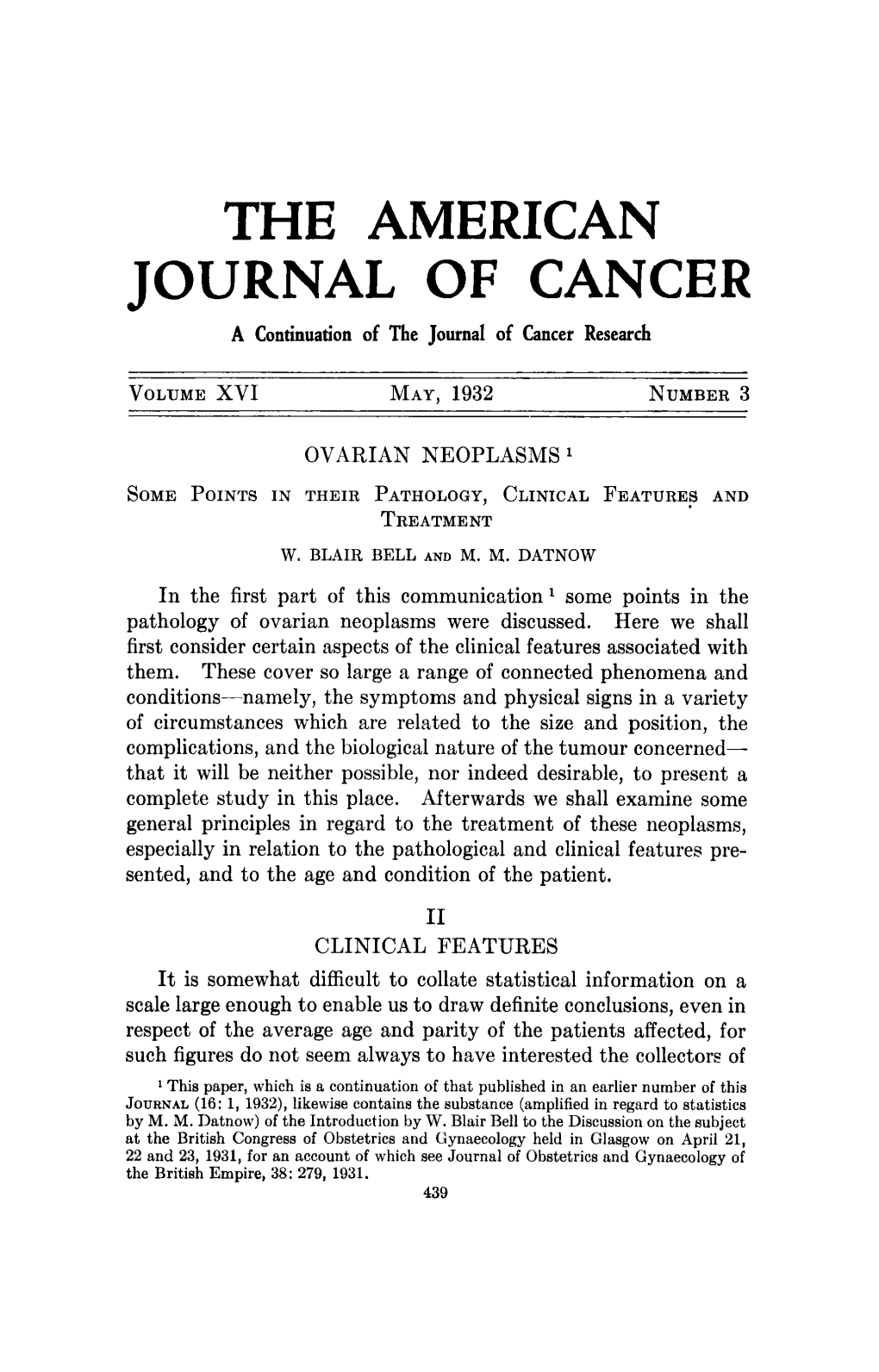 THE AMERICAN JOURNAL of CANCER a Continuation of the Journal of Cancer Research