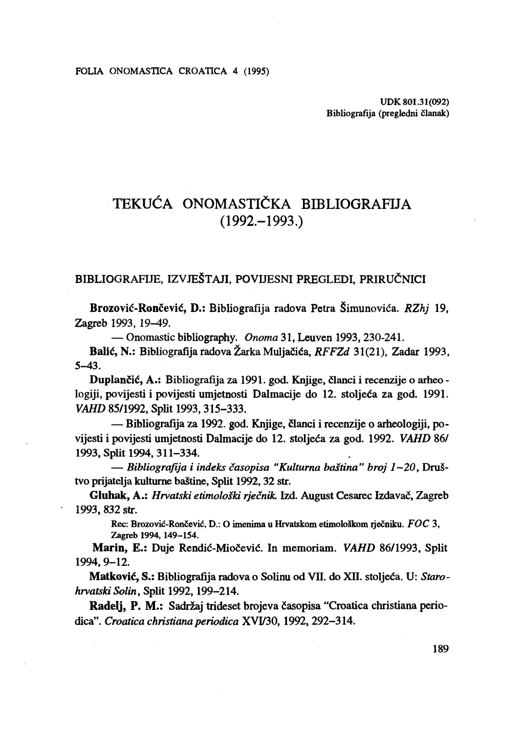 Tekuća Onomastička Bibliografija ( 1992.- 1993.)