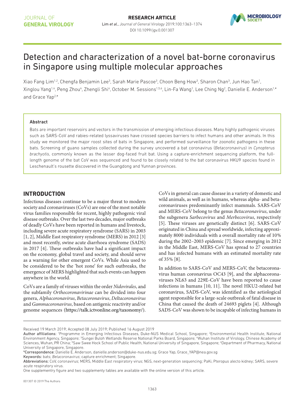 Detection and Characterization of a Novel Bat-Borne Coronavirus in Singapore Using Multiple Molecular Approaches