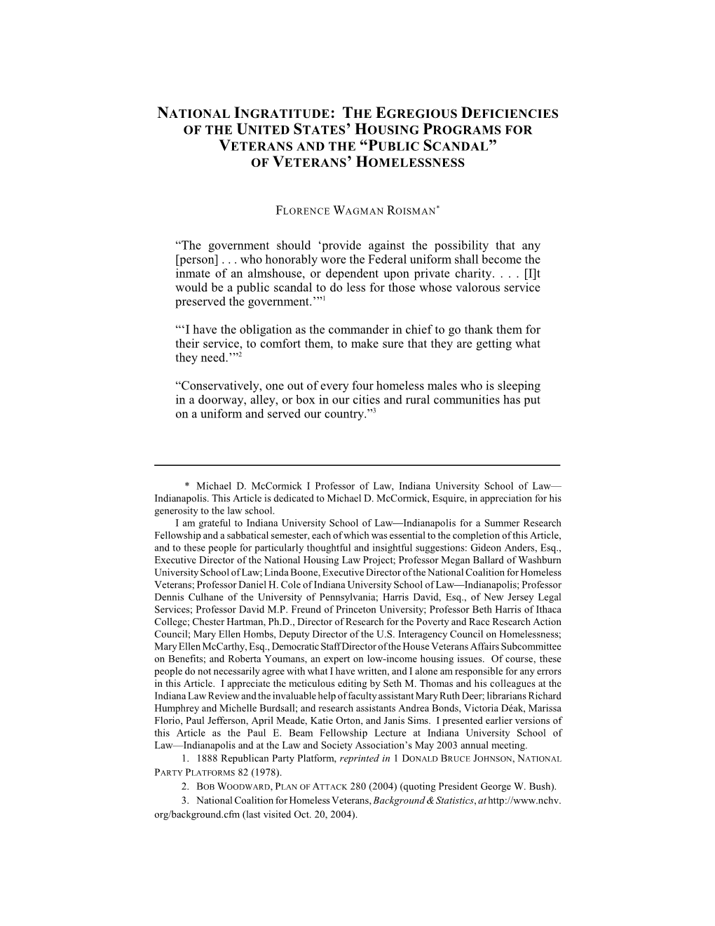 National Ingratitude: the Egregious Deficiencies of the United States’ Housing Programs for Veterans and the “Public Scandal” of Veterans’ Homelessness