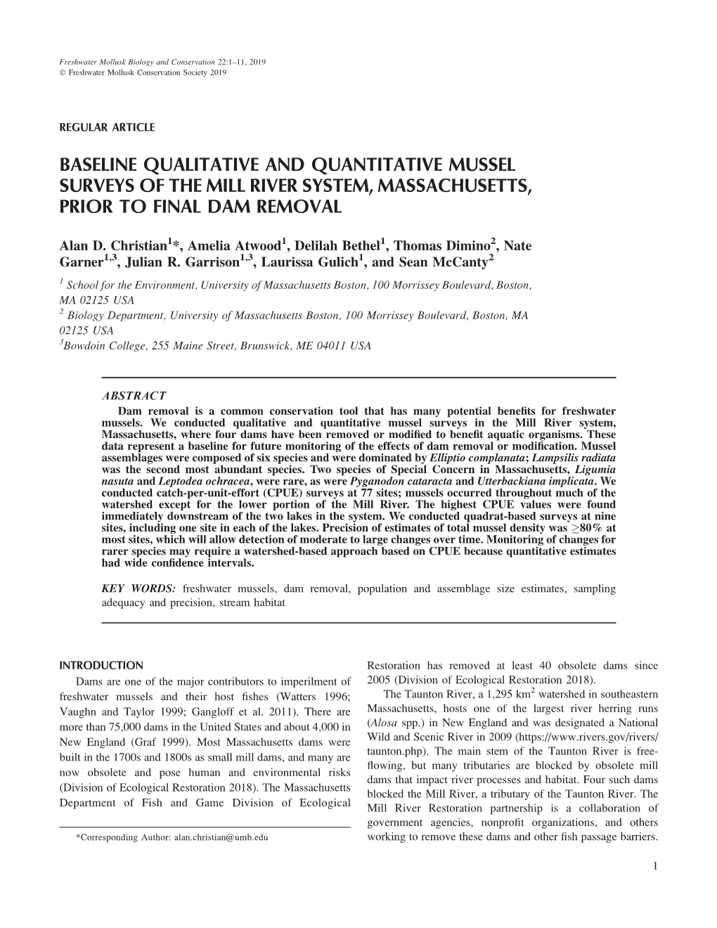 Baseline Qualitative and Quantitative Mussel Surveys of the Mill River System, Massachusetts, Prior to Final Dam Removal