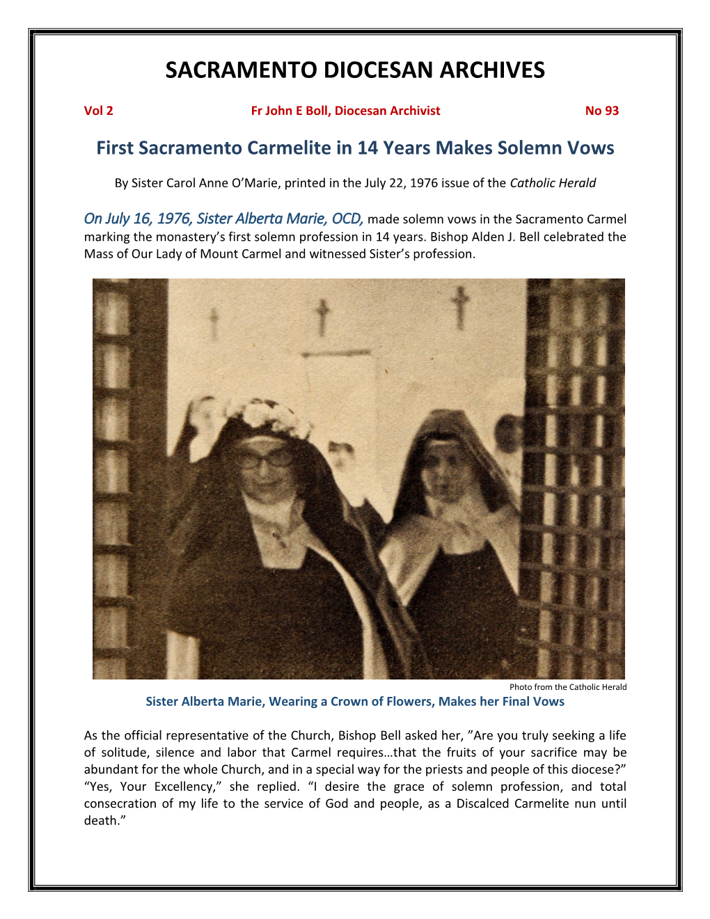 Vol 2, No 93 Sacramento Carmelite Makes Vows