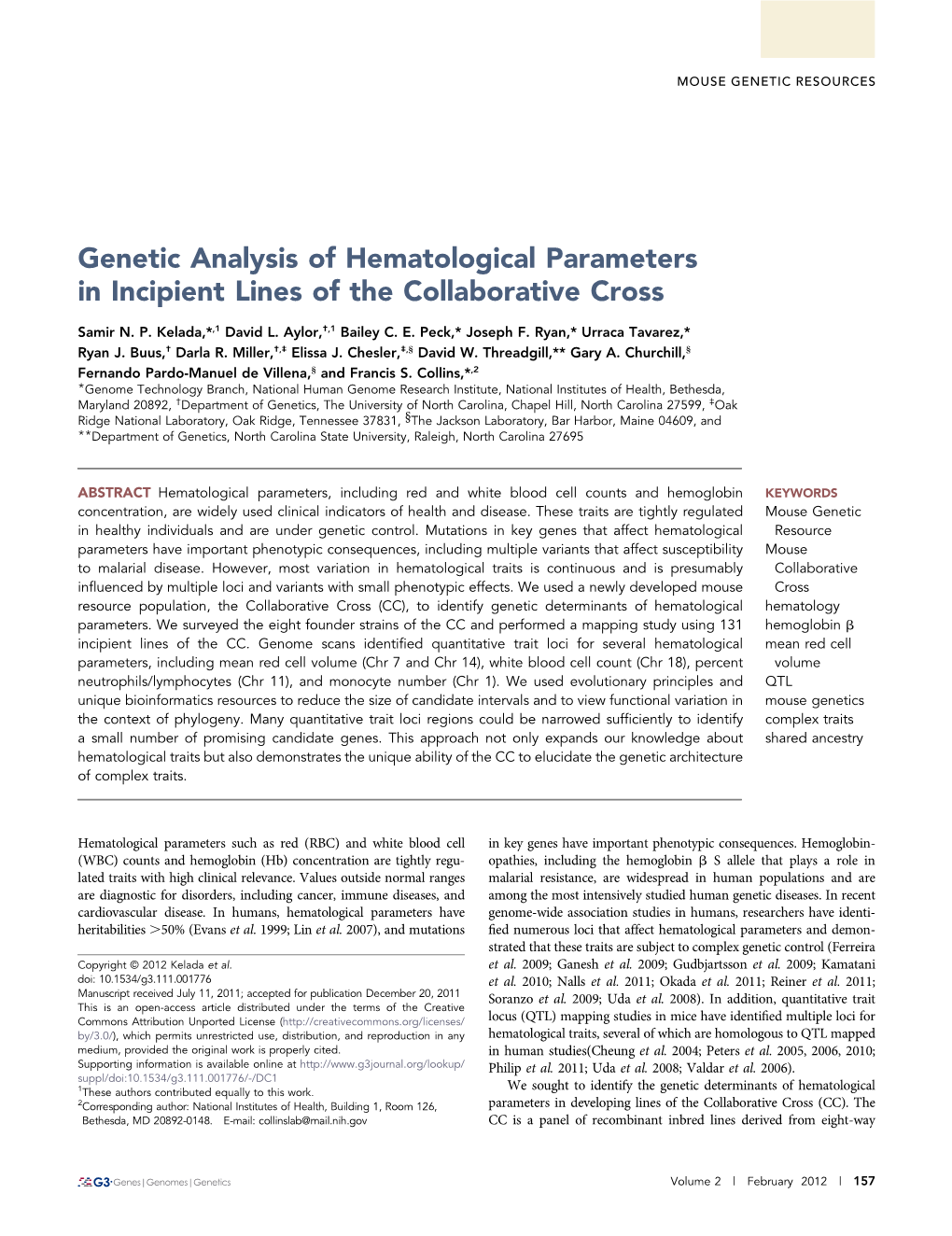 Genetic Analysis of Hematological Parameters in Incipient Lines of the Collaborative Cross