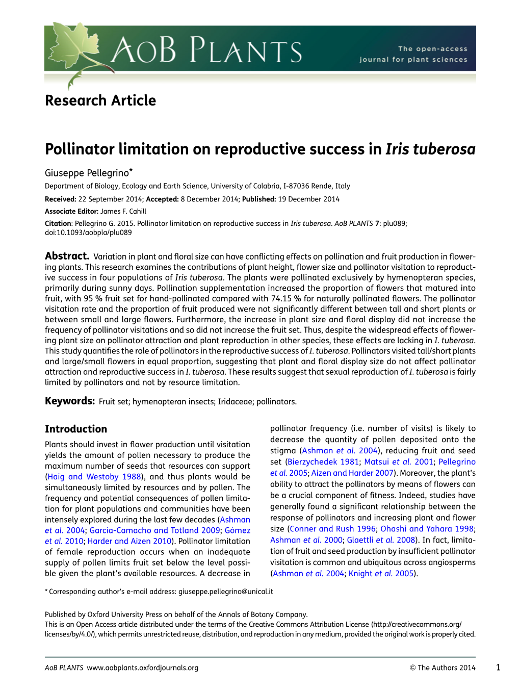 Pollinator Limitation on Reproductive Success in Iris Tuberosa