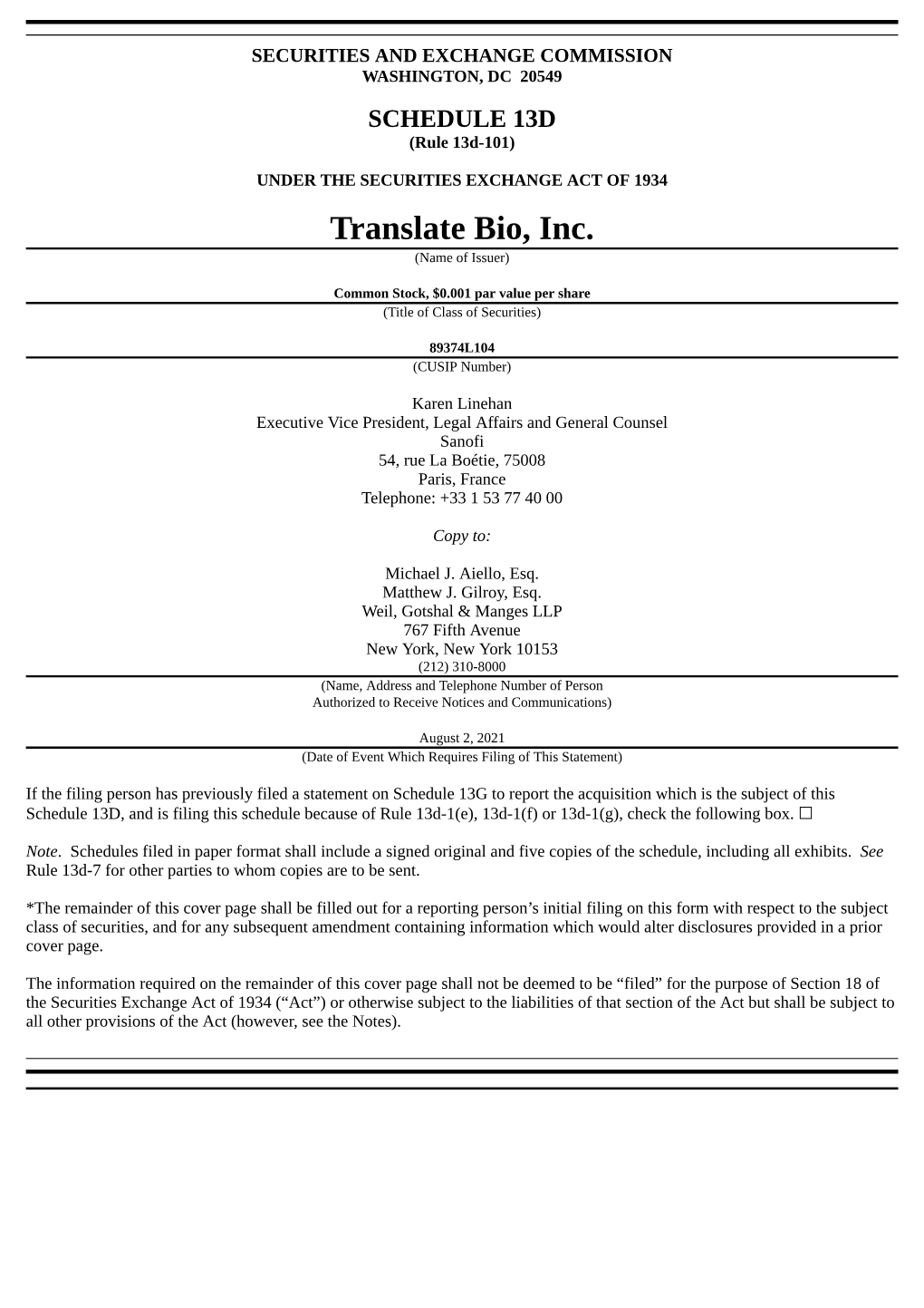 Translate Bio, Inc. (Name of Issuer)