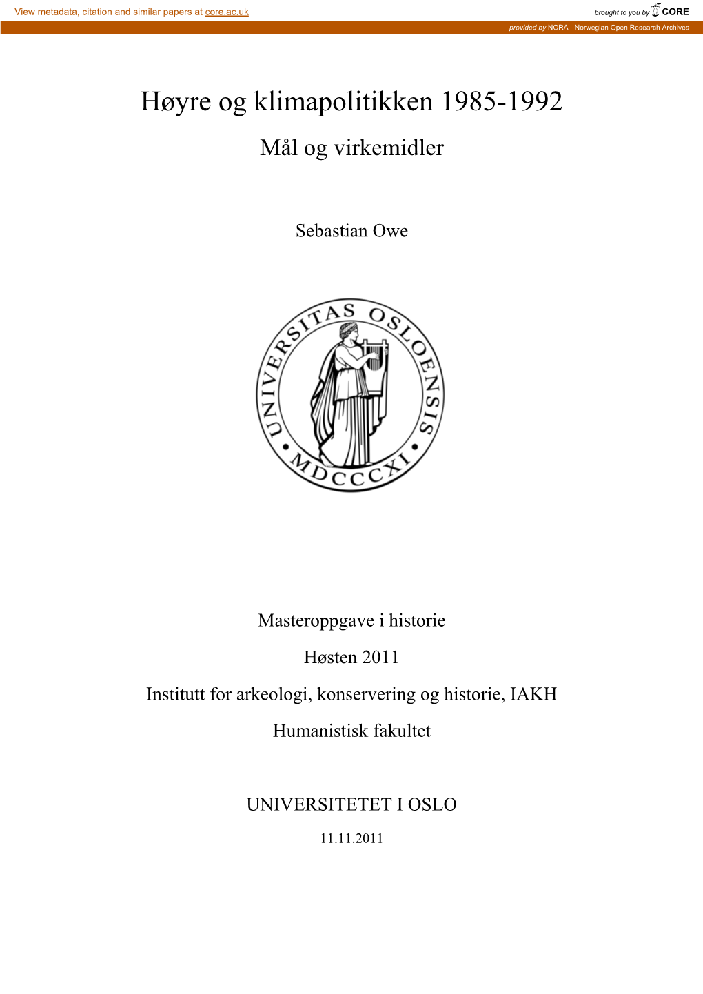 Høyre Og Klimapolitikken 1985-1992