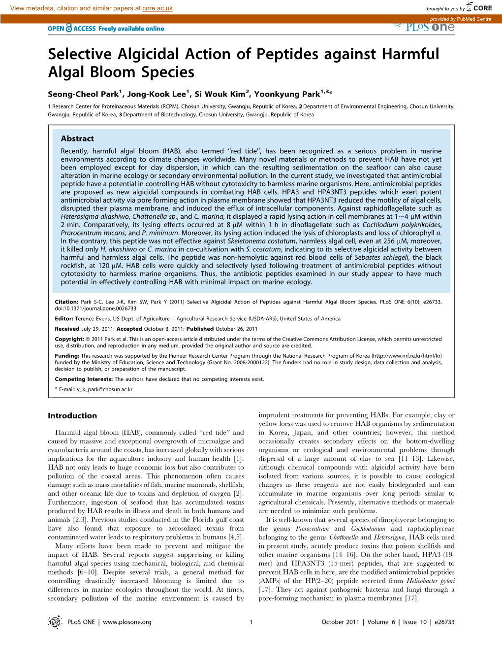 Selective Algicidal Action of Peptides Against Harmful Algal Bloom Species