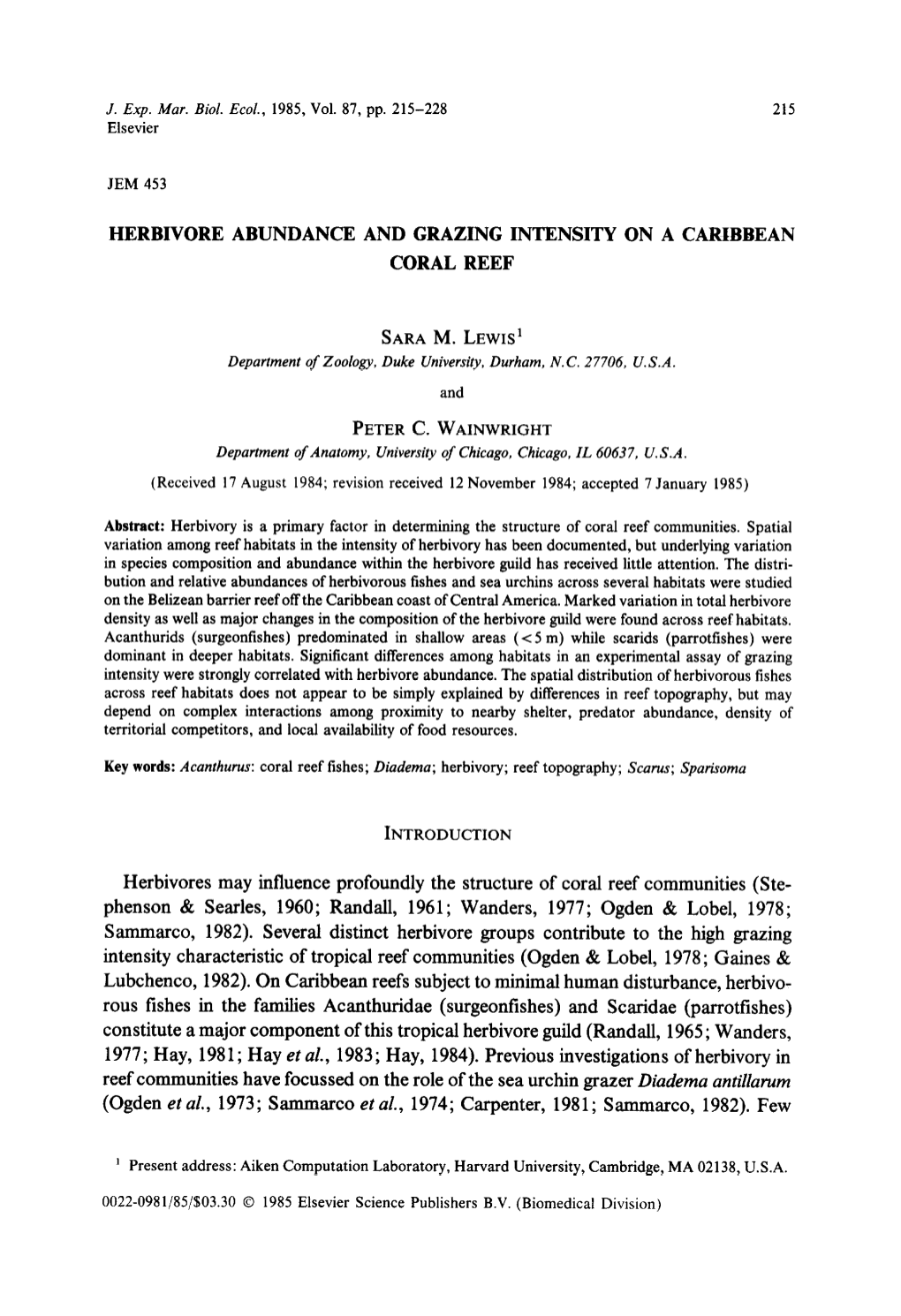 Herbivore Abundance and Grazing Intensity on a Caribbean Coral Reef