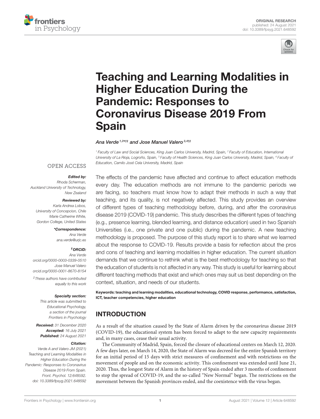 Teaching and Learning Modalities in Higher Education During the Pandemic: Responses to Coronavirus Disease 2019 from Spain