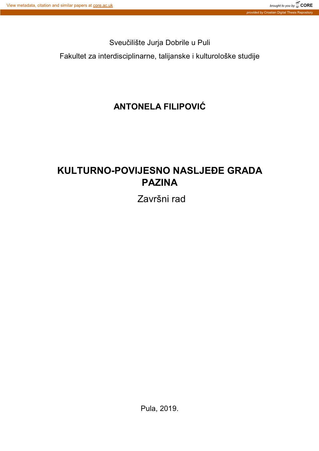 KULTURNO-POVIJESNO NASLJEĐE GRADA PAZINA Završni Rad