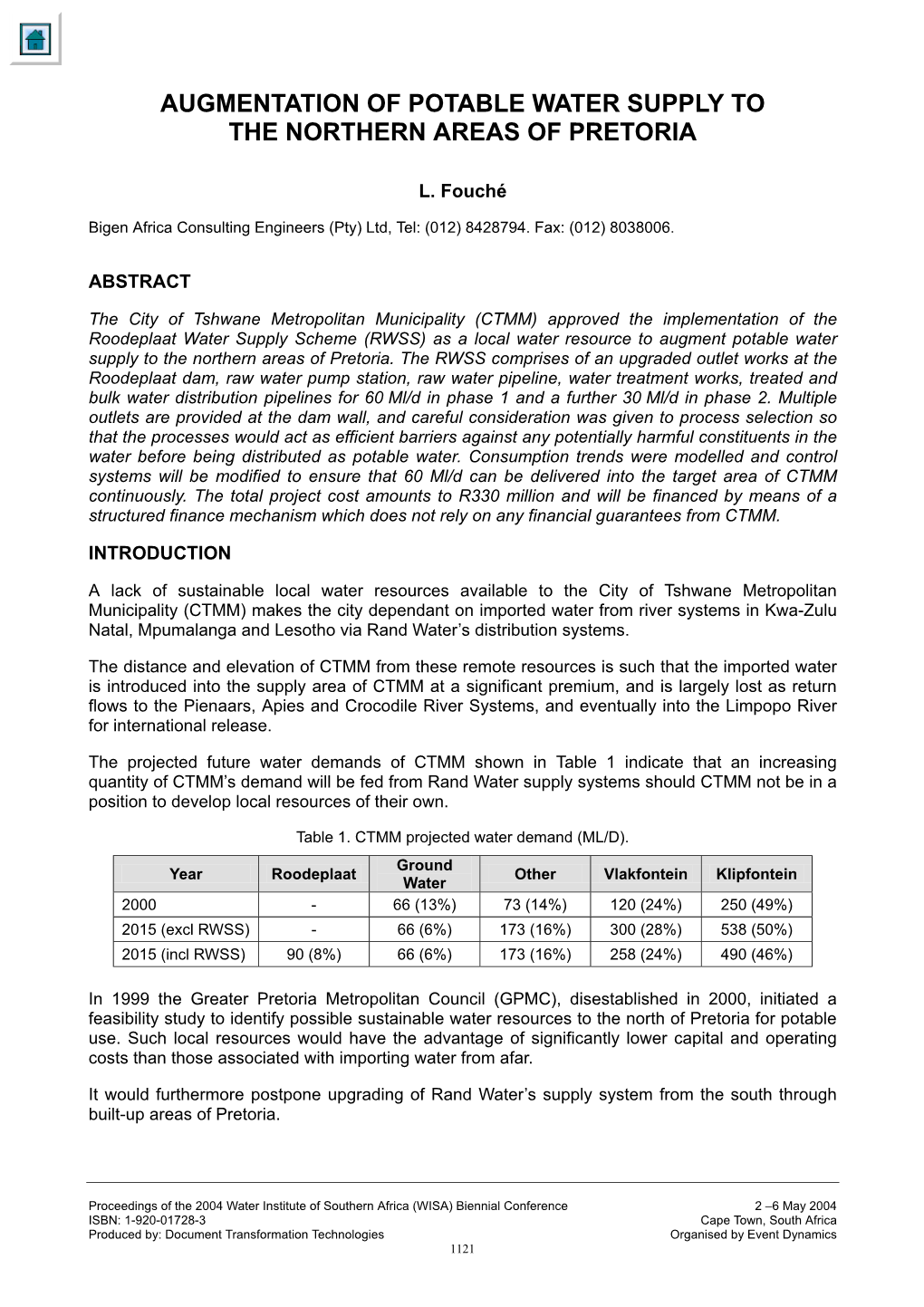 Augmentation of Potable Water Supply to the Northern Areas of Pretoria