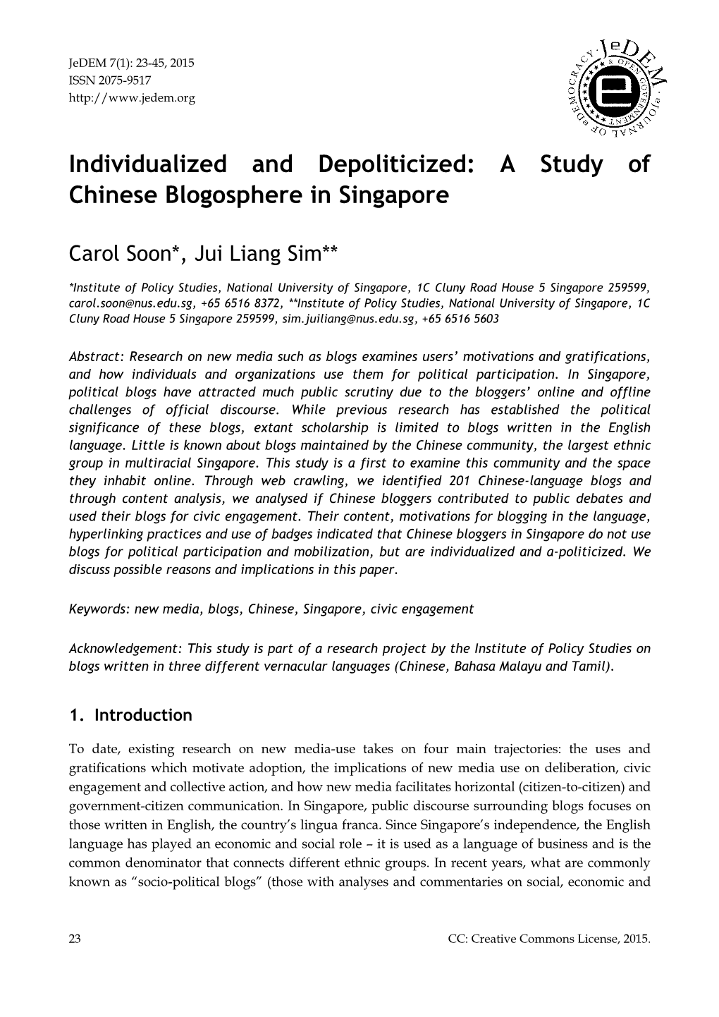 A Study of Chinese Blogosphere in Singapore