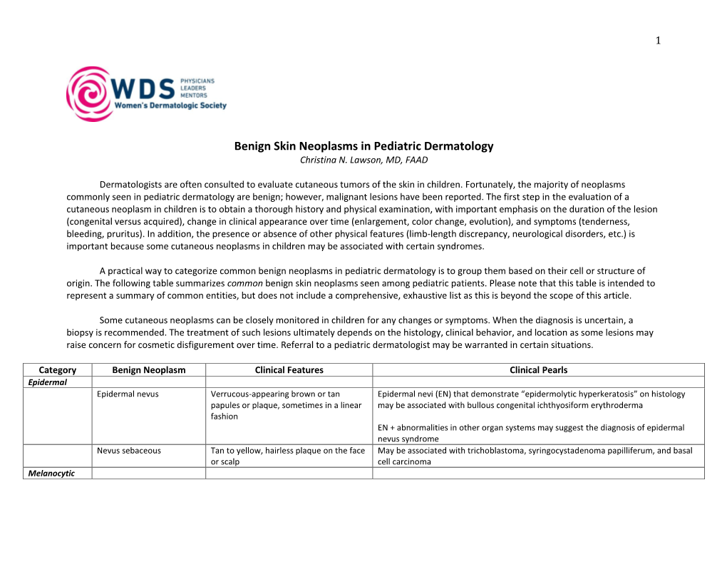 Benign Skin Neoplasms in Pediatric Dermatology Christina N