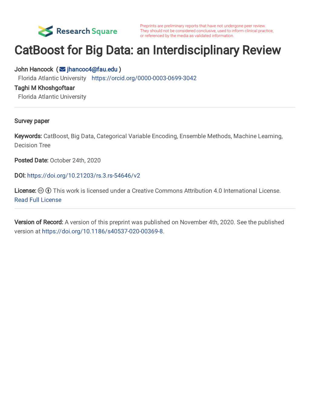 Catboost for Big Data: an Interdisciplinary Review