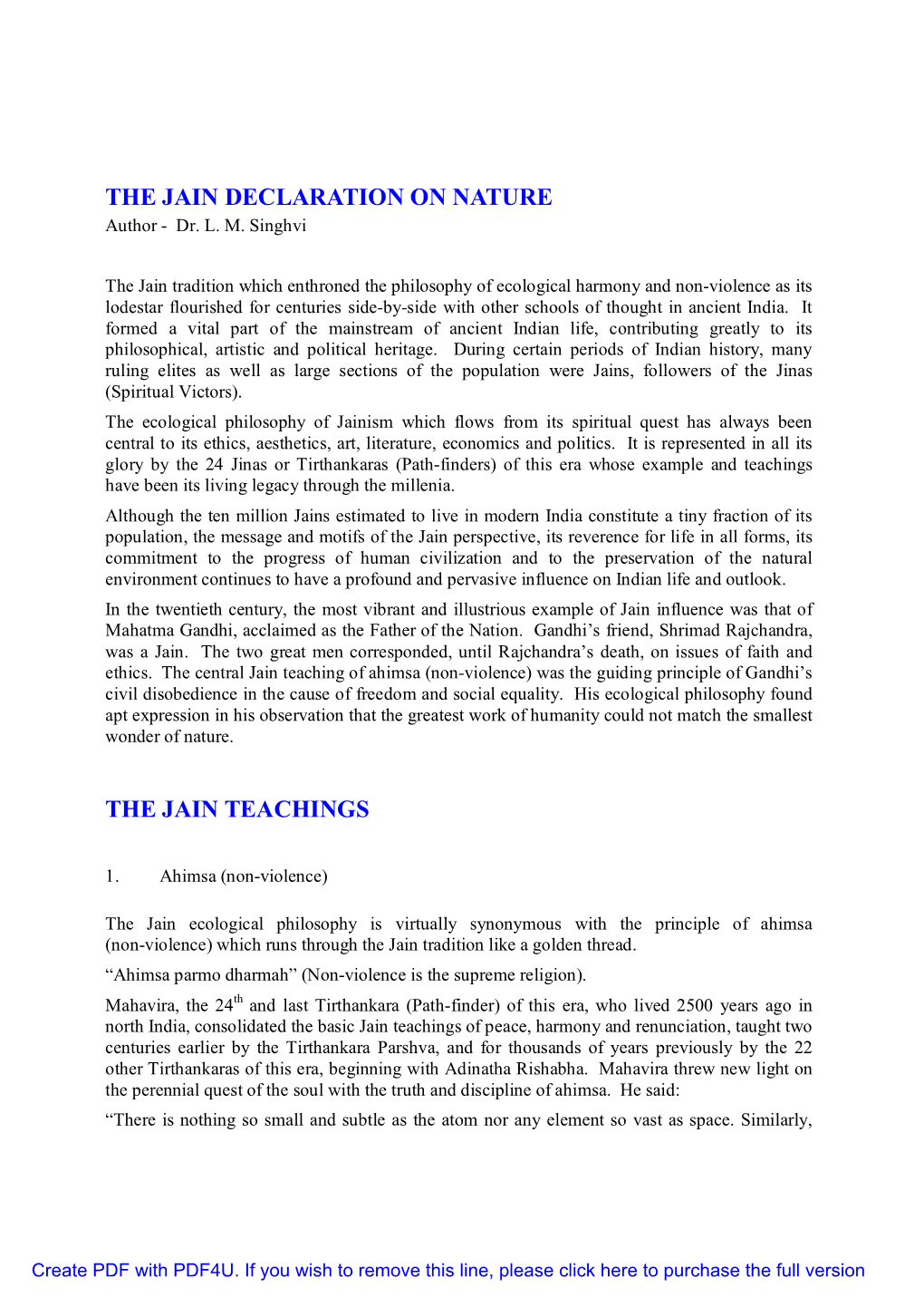 The Jain Declaration on Nature the Jain Teachings