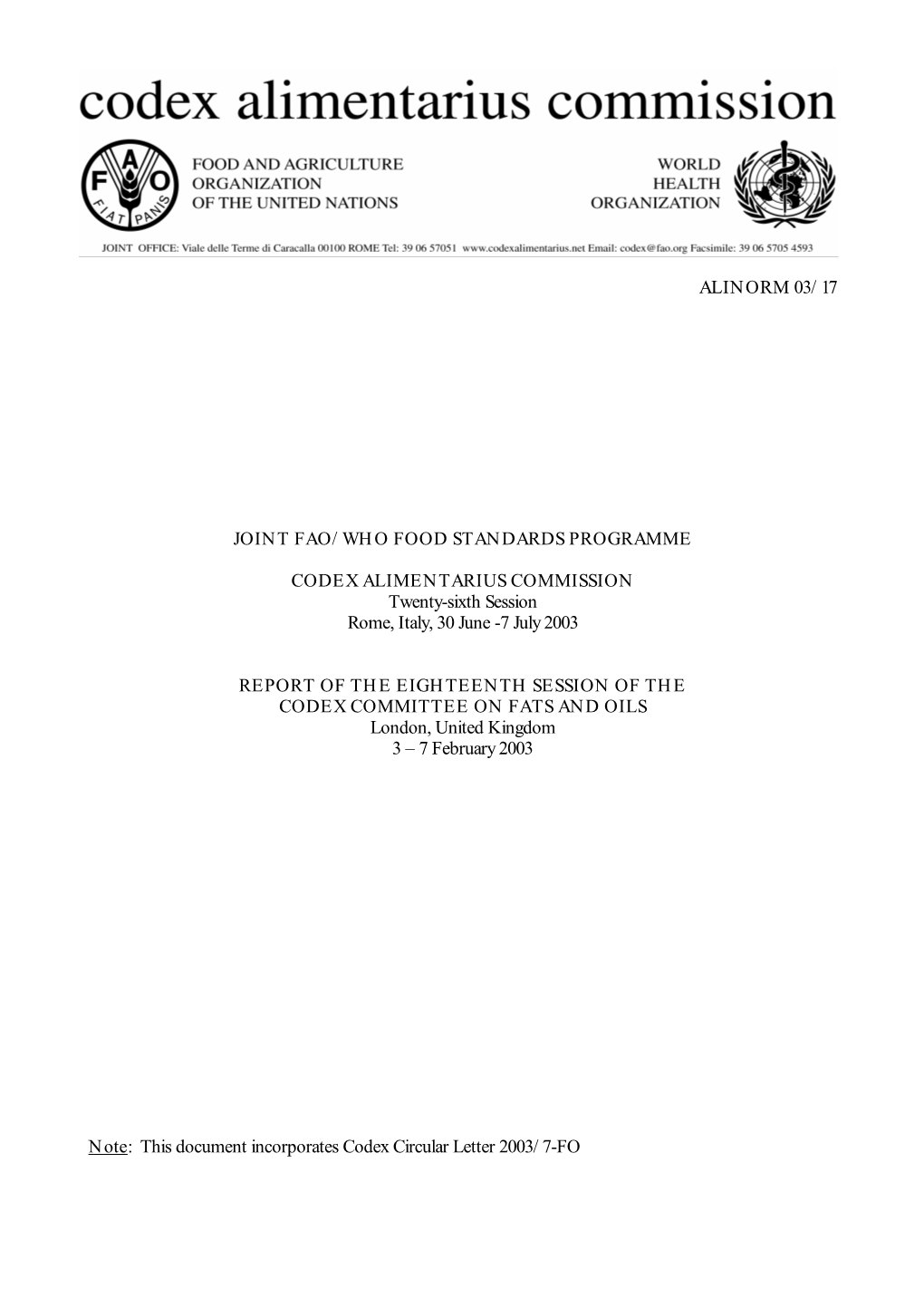 Alinorm 03/17 Joint Fao/Who Food Standards Programme Codex