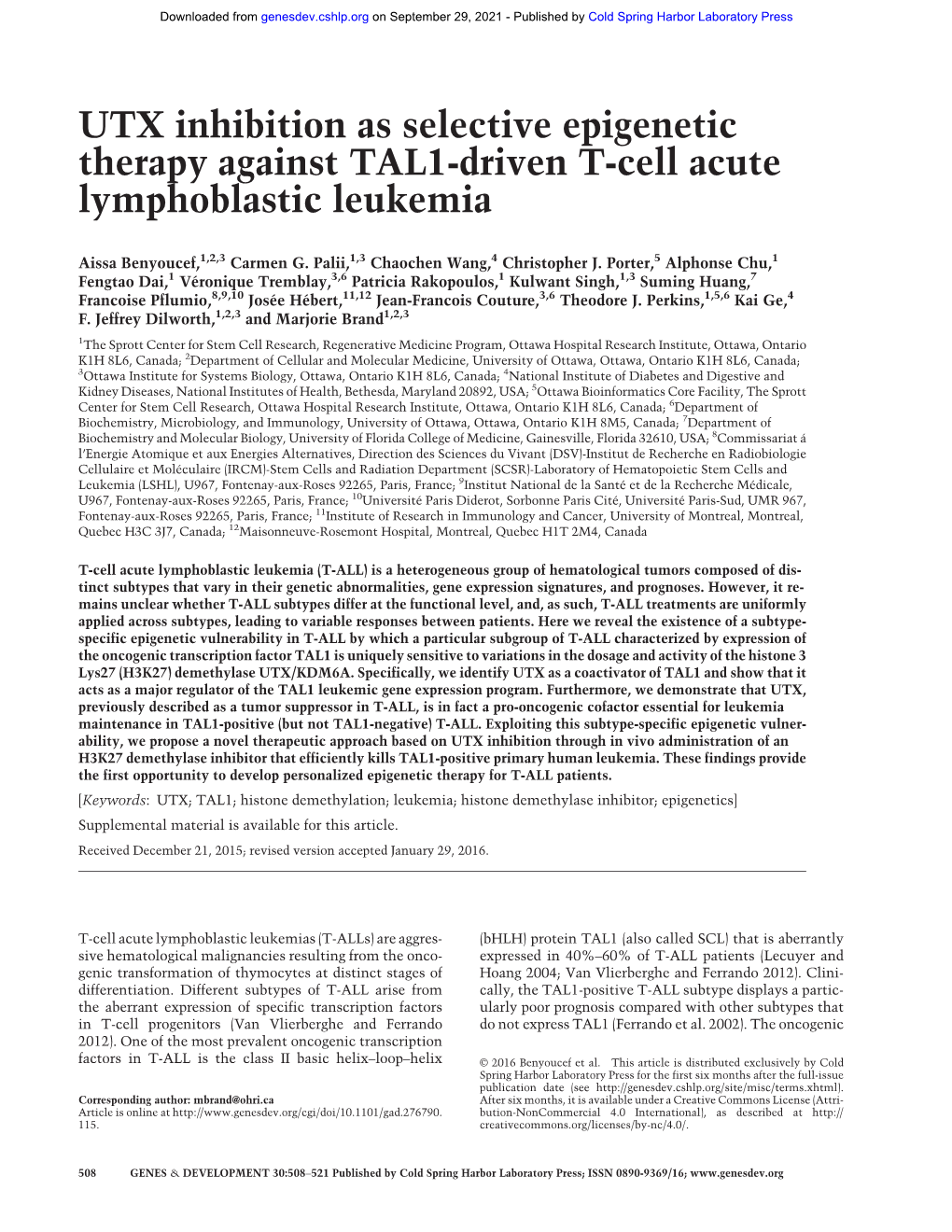 UTX Inhibition As Selective Epigenetic Therapy Against TAL1-Driven T-Cell Acute Lymphoblastic Leukemia