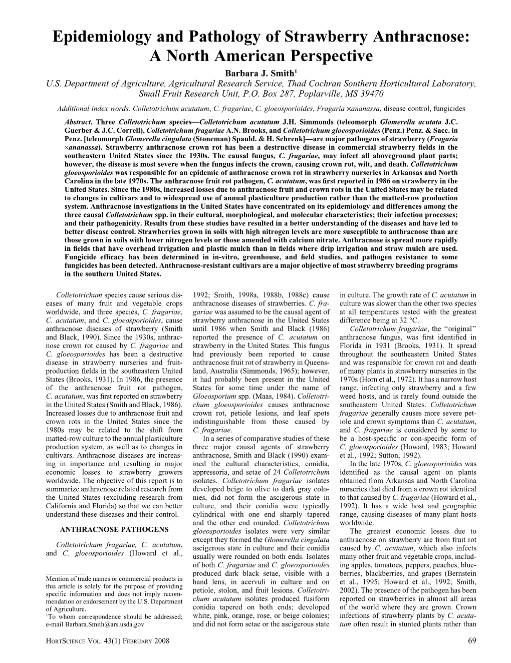 Epidemiology and Pathology of Strawberry Anthracnose: a North American Perspective Barbara J