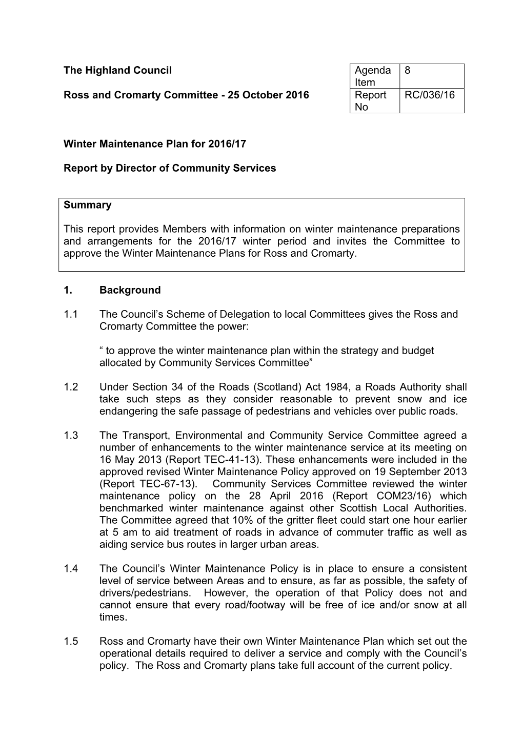 Winter Maintenance Plan for 2016/17