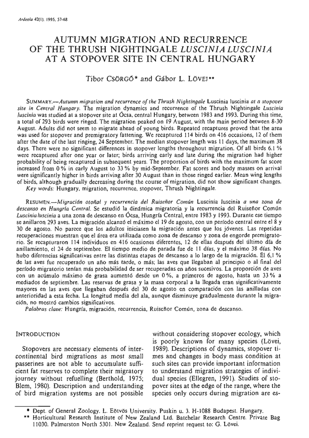 Autumn Migration and Recurrence of the Thrush Nightingale Luscinia Luscinia at a Stopover Site in Central Hungary