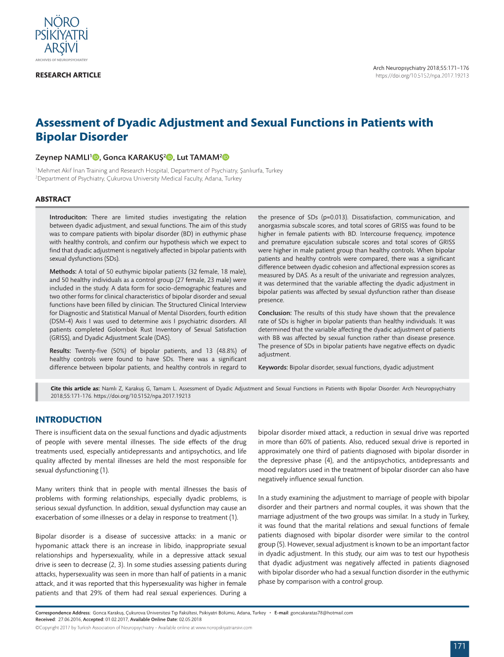 Assessment of Dyadic Adjustment and Sexual Functions in Patients with Bipolar Disorder